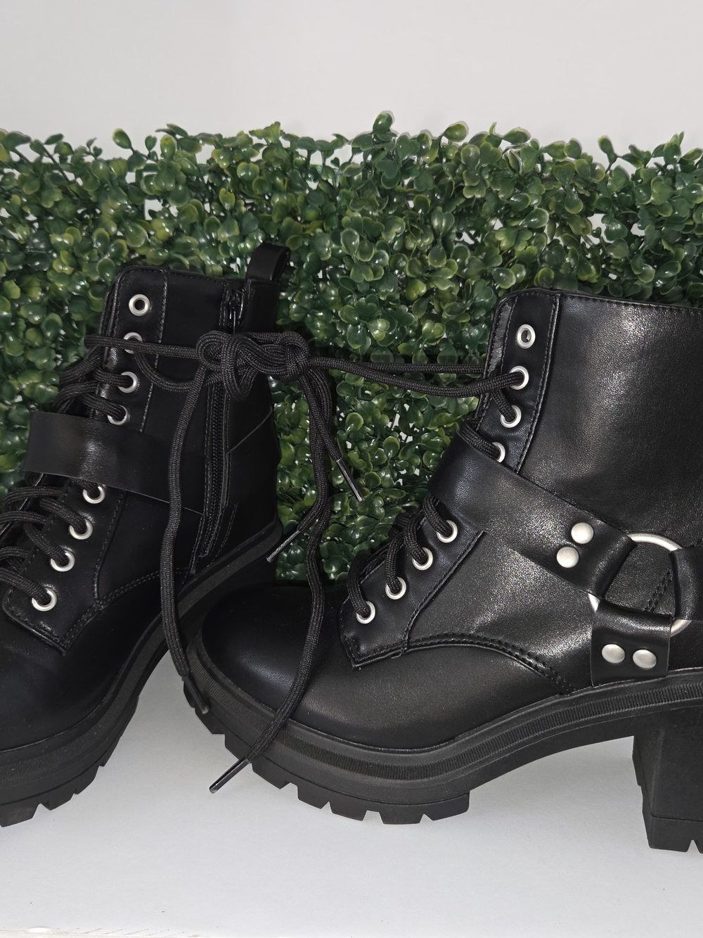 Black Combat Lace-Up Ankle Boots with Buckle Strap